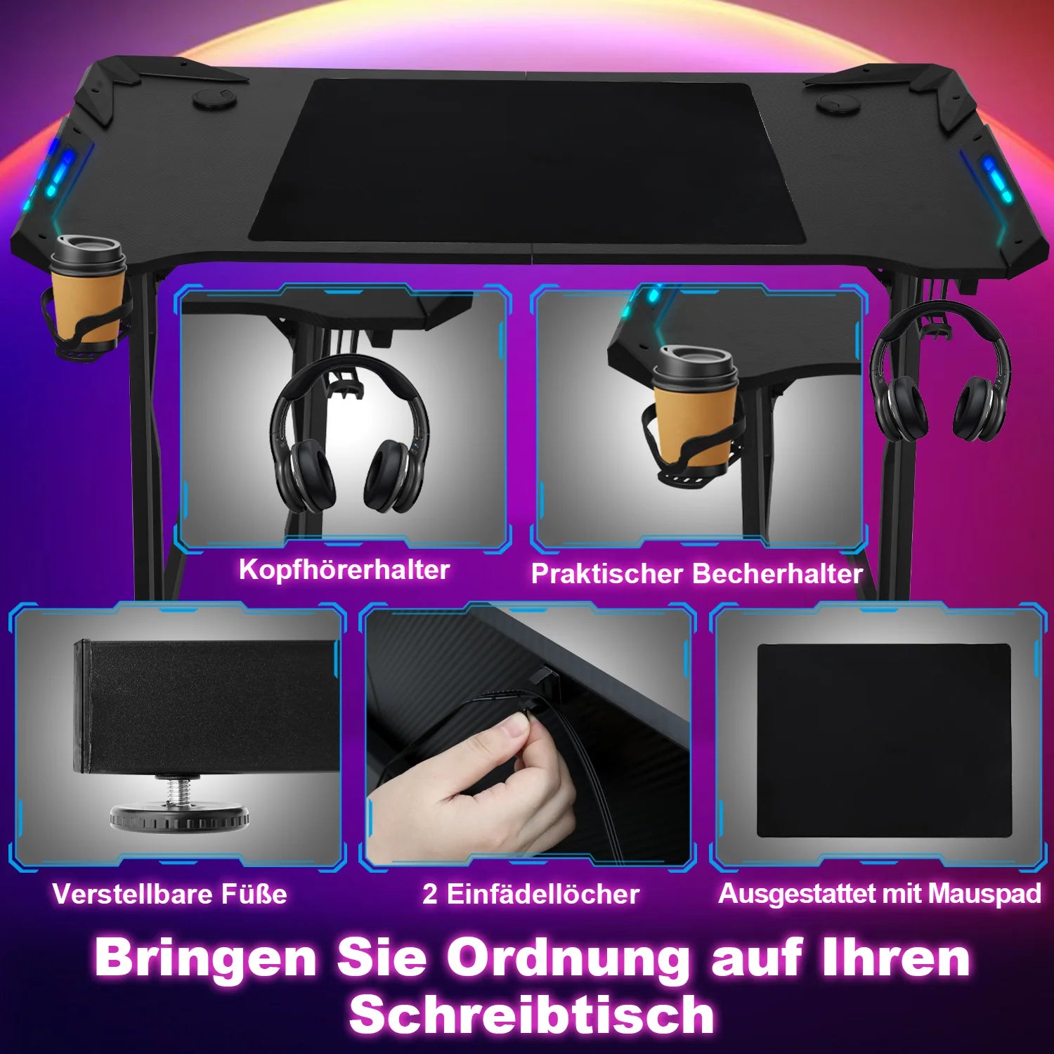 Sonnewelt Scrivania da gaming Scrivania da gioco 120/140 cm con telecomando LED