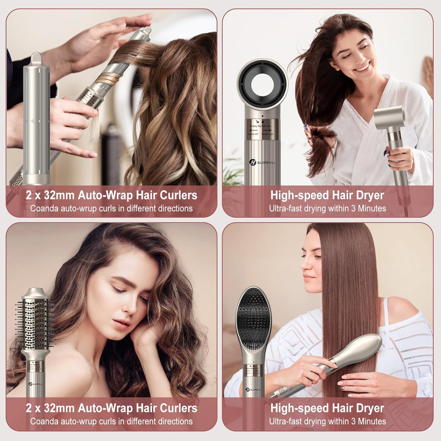 Slopehill Airstyler 5 IN 1, Asciugacapelli Ionico ad Alta Velocità da 110.000 Giri/min per Asciugatura Rapida, Multi-Haarstyler con Arricciacapelli Automatico ad Aria, Spazzola Lisciante e Spazzola Volumizzante (Nero)