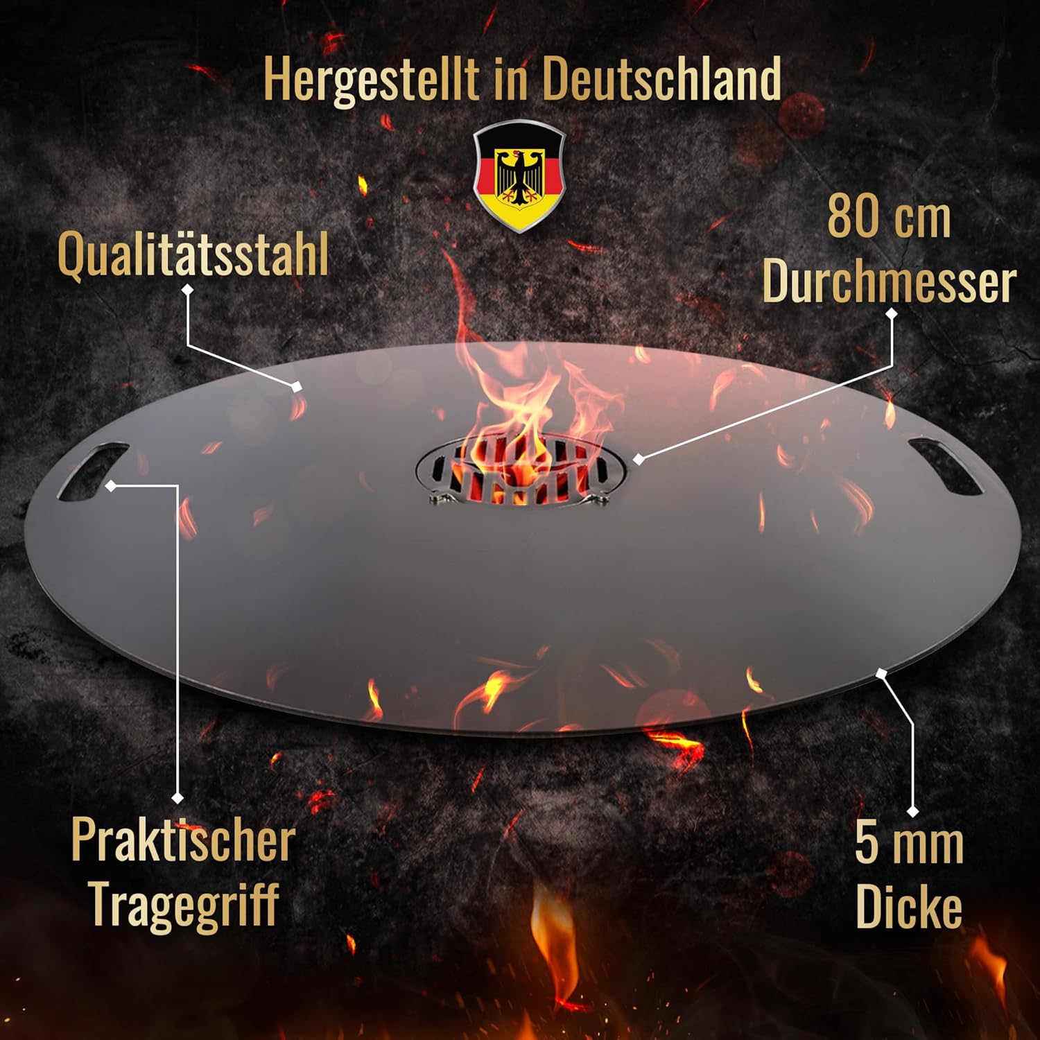 Piastra da fuoco per barbecue a sfera, maniglie 90 cm, spessore 5 mm #921 – INCL. inserto per grill, piastra per grill per braciere e ciotola da fuoco, piastra massiccia in acciaio Plancha Grillring per BBQ & Teppanyaki