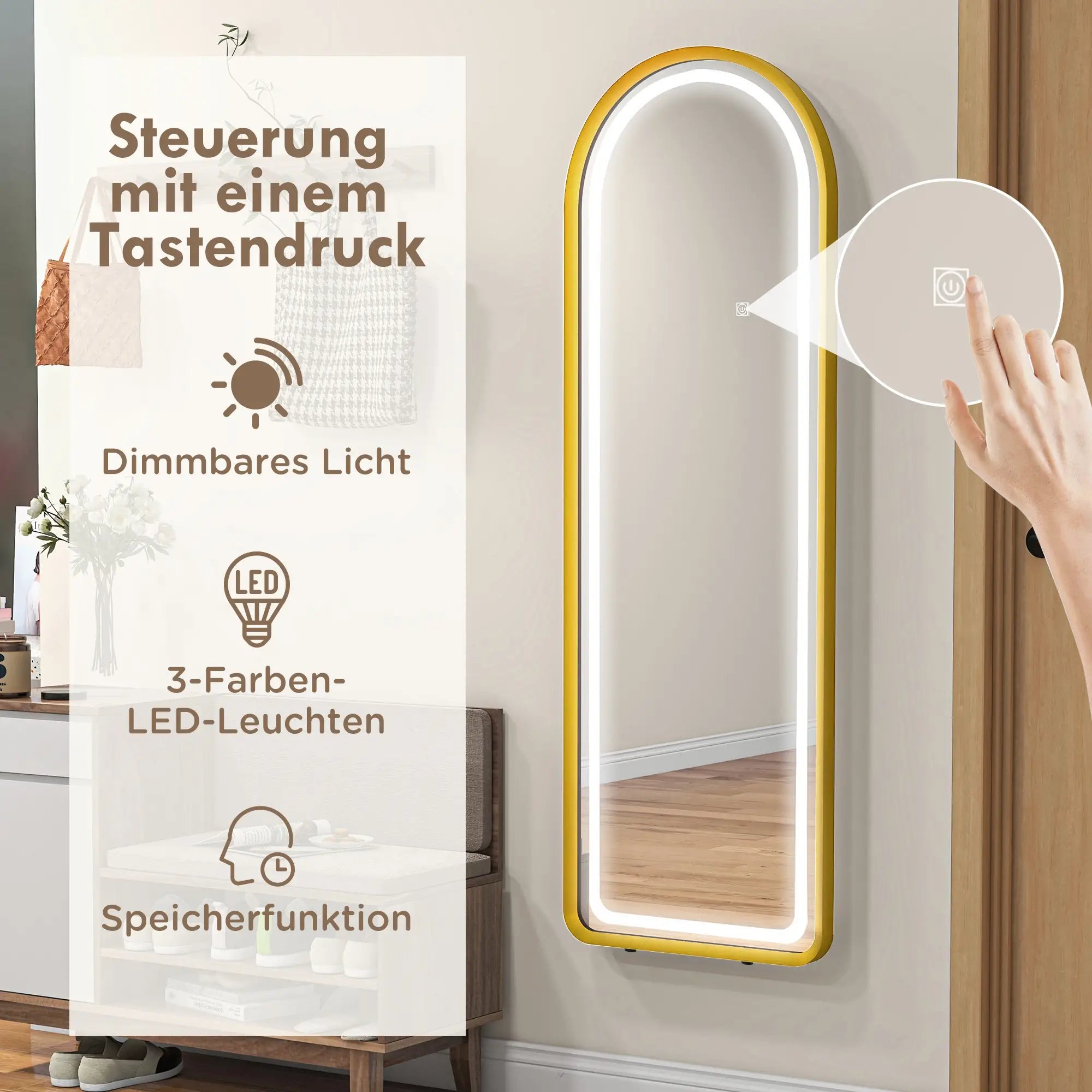 HOMCOM Standspiegel LED Touch dimmbar 3-in-1 Aluminium Gold