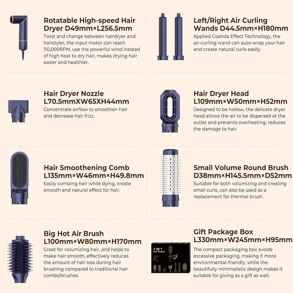 UKLISS 7 in 1 Pro Airstyler & Ionen Föhn [110,000RPM] High-speed Haartrockner Ionen Hair Dryer, mit Heißluft Lockenwickler Thermal Brush Haarglätterbürste Warmluftbürste Föhnbürste, 1200W/Blau