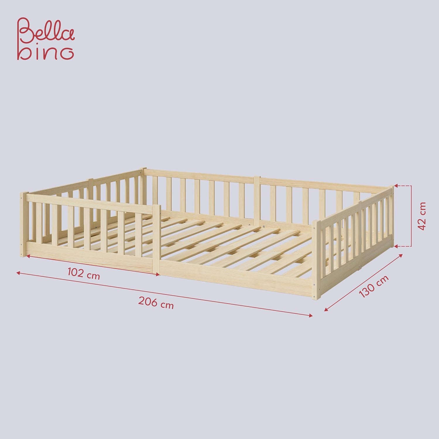 Bellabino Vere Letto a Pavimento 140x200 Montessori, Letto Matrimoniale con Protezione Anticaduta e Rete a Doghe, Letto per Bambini e Bambine in Legno Massello di Pino Bianco con Sbarre