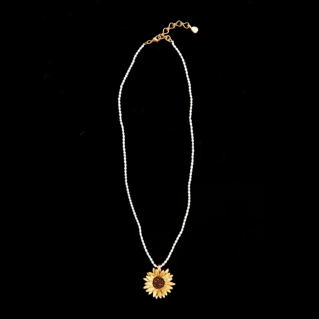 Sonnenblumen Kette mit Anhnger - Weie Perlen