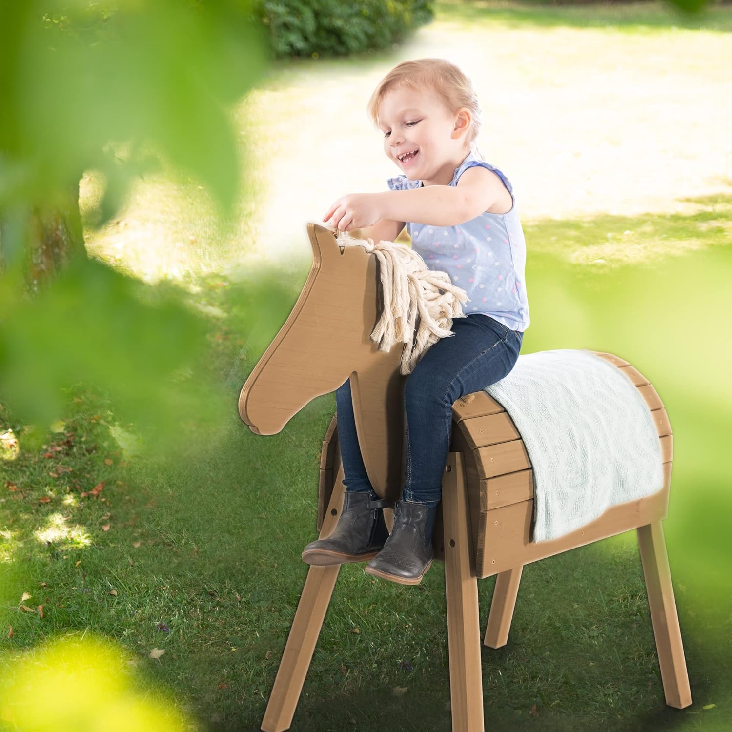 roba Holzpferd für den Garten - Voltigierpferd mit Mähne und Schweif - Spielpferd zum Turnen und Reiten - Holz massiv - Grau lasiert