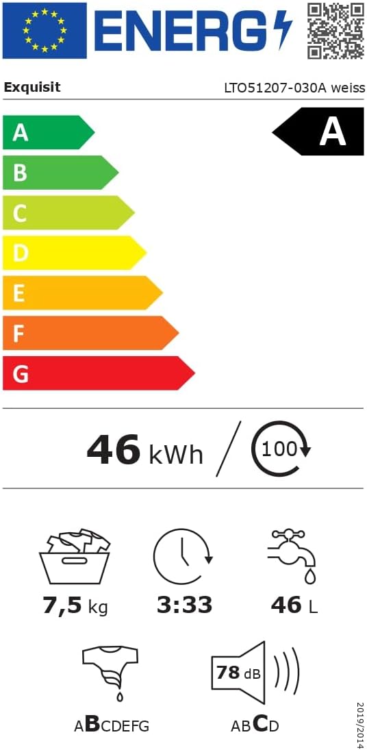 Exquisit Toplader Waschmaschine, 7,5kg Füllmenge, Waschmaschine schmal, Energieklasse A, 1200 U/Min, Startzeitvorwahl, Kurzprogramm, LTO51207-030A weiss