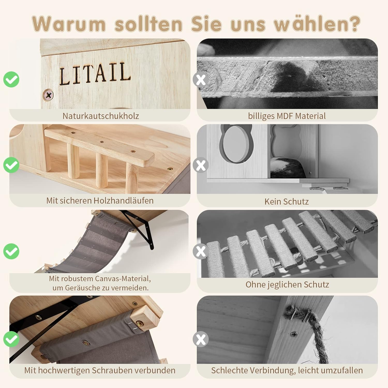 Set per parete da arrampicata per gatti in legno massiccio, LitaiL Mobili extra robusti per gatti con scaletta, lettino, tiragraffi, cuccia e gradini per gatti, 12 pezzi, fino a 25 kg