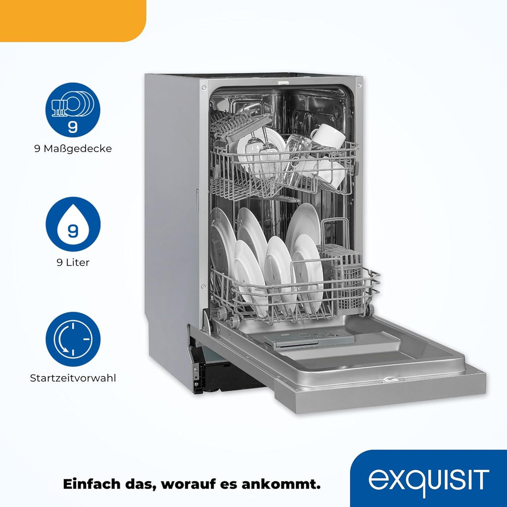 Lavastoviglie Exquisit, 45 cm di larghezza, parzialmente integrata, 9 coperti, 9 litri, partenza ritardata, modalità ECO, lavastoviglie 45 cm, EGSP51009-EB-030E inox