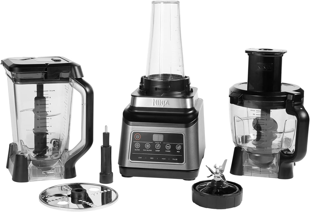 Robot da cucina e frullatore Ninja 3-in-1 con 5 programmi: Frullare, Frullare al massimo, Tritare, Mescolare, Ridurre in purea, ciotola da 1,8 L, caraffa da 2,1 L, tazza da 700 ml, 1200 W, lavabile in lavastoviglie, Auto-iQ, Nero BN800EU
