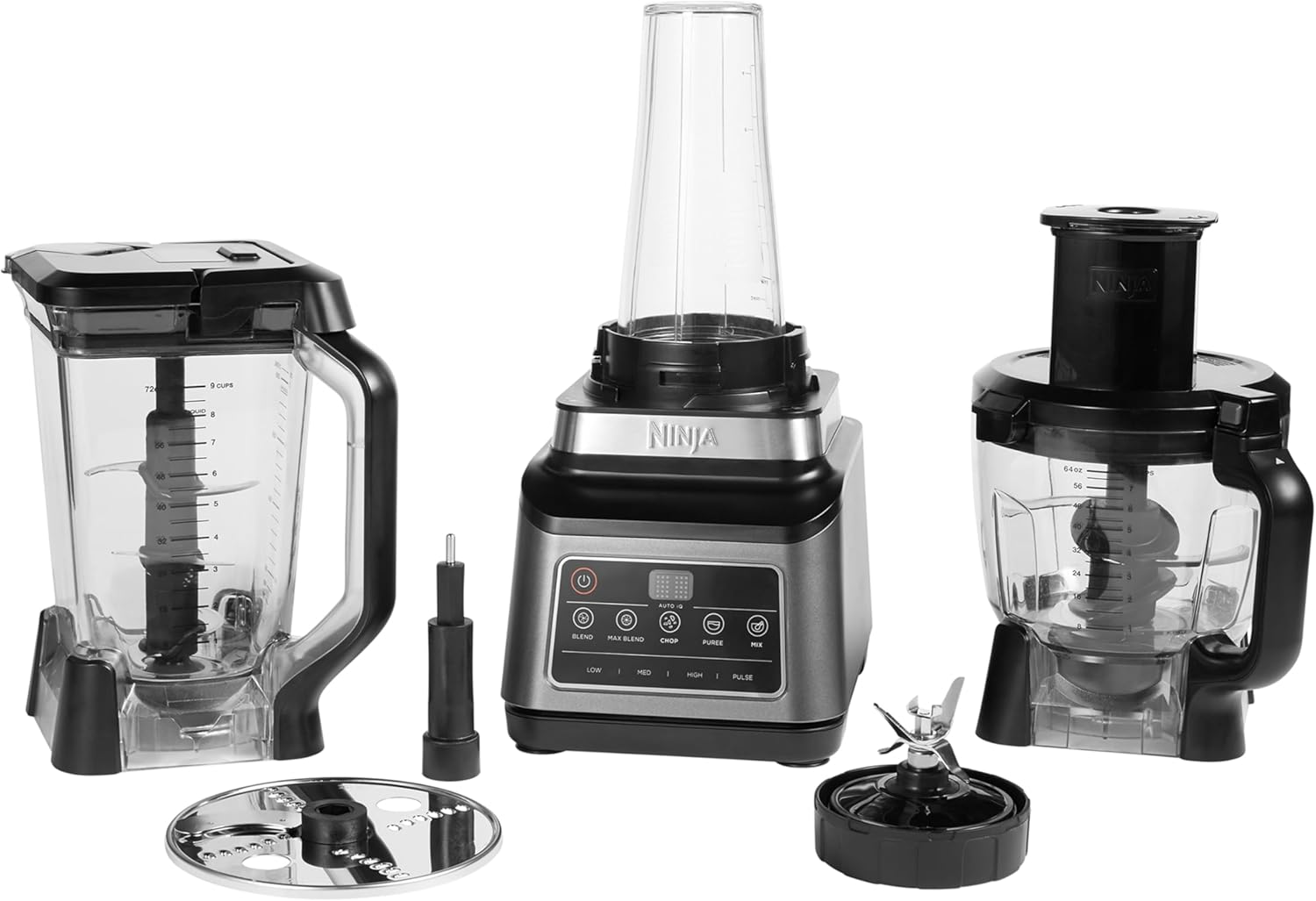 Robot da cucina e frullatore Ninja 3-in-1 con 5 programmi: Frullare, Frullare al massimo, Tritare, Mescolare, Ridurre in purea, ciotola da 1,8 L, caraffa da 2,1 L, tazza da 700 ml, 1200 W, lavabile in lavastoviglie, Auto-iQ, Nero BN800EU