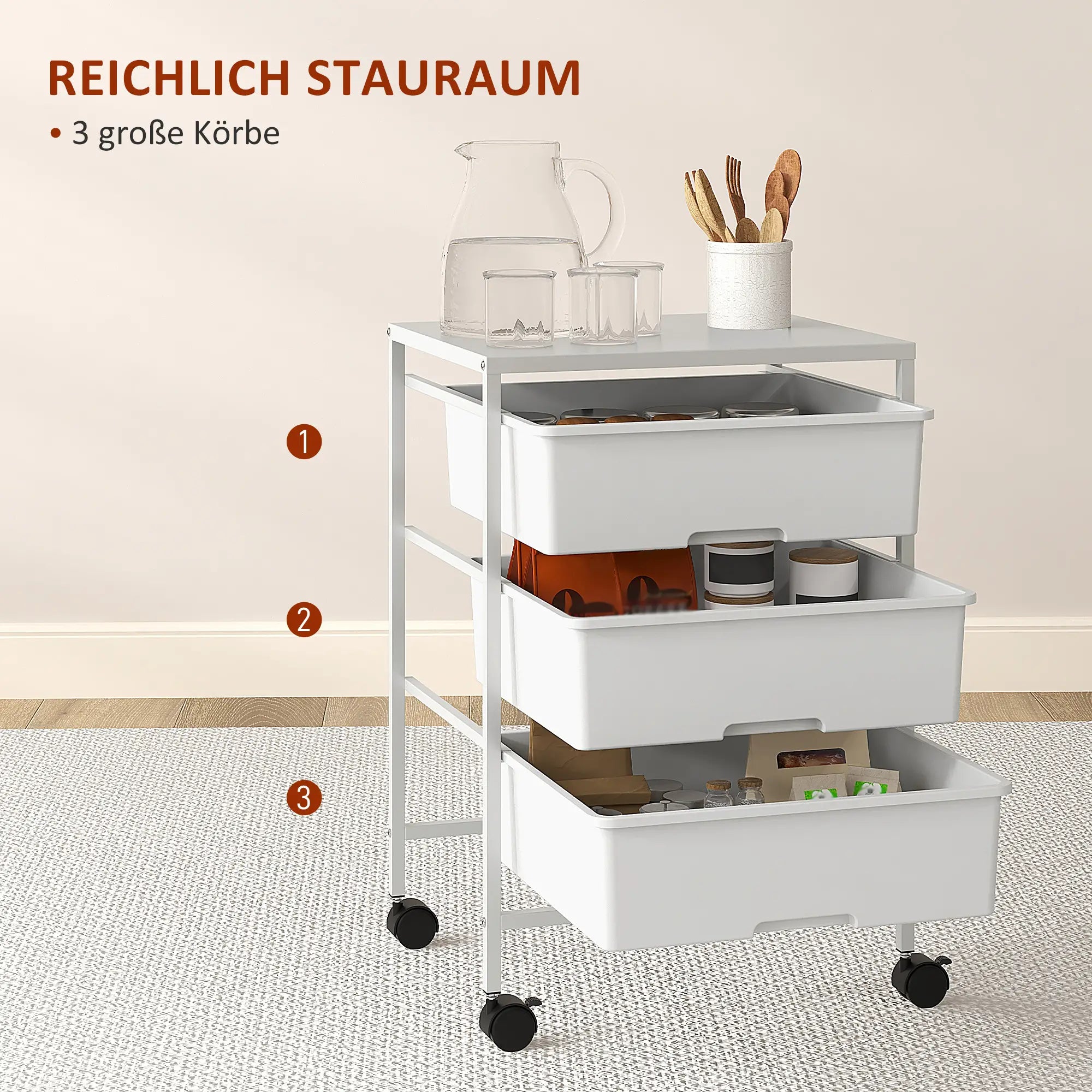 HOMCOM Carrello da Cucina con Ruote a 3 Cesti, Carrellino Salvaspazio, Bianco