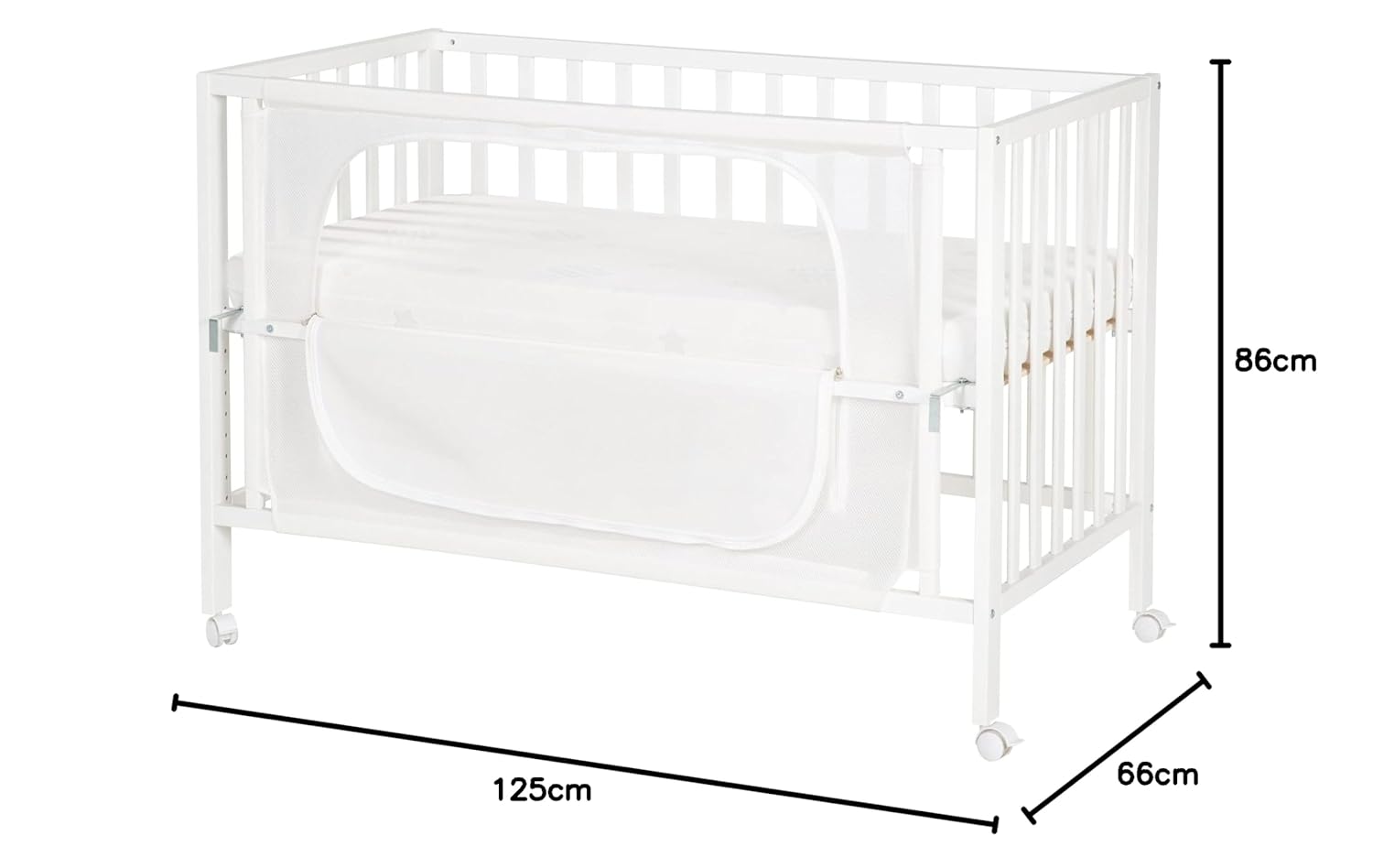 roba Beistellbett 60 x 120 cm - Adam & Eule Room Bed - Babybett zum Anstellen an Elternbett - Inklusive Matratze, Bettwäsche, Himmel - Mobil & Höhenverstellbar - Holz weiß