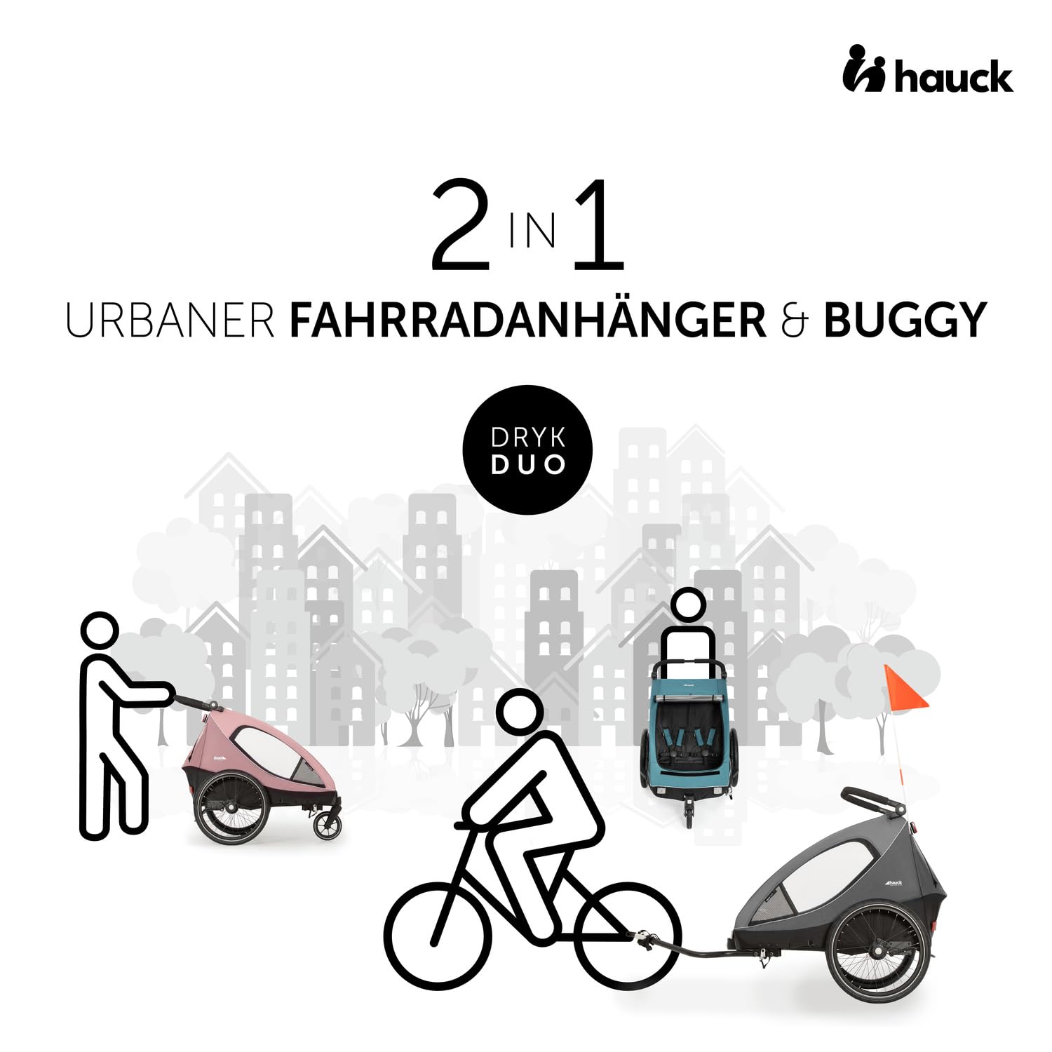 hauck Rimorchio Bici & Passeggino Dryk Duo Plus con Sospensioni, per 2 Bambini (6-48 mesi), incl. Timone, Ruota da Passeggino, Bandierina e Luce LED, Pieghevole, Regolabile in Altezza, Baule XL (Verde Scuro)