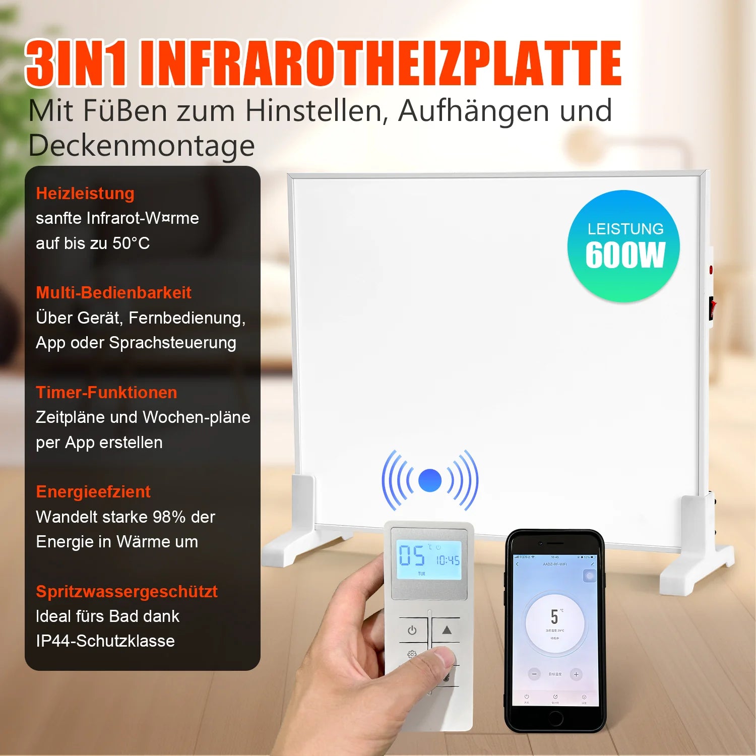 Sonnewelt Infrarotheizung Thermostat APP Fernbedienung 300-1200 W