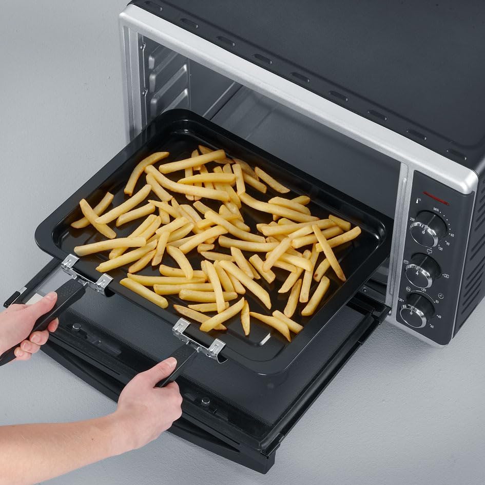SEVERIN Forno e Tostapane con funzione ventilata, Mini Forno con griglia, teglia da forno, spiedo rotante e pietra per pizza, forno ventilato versatile con capacità di 42 L, 1.800 W, nero, TO 2058