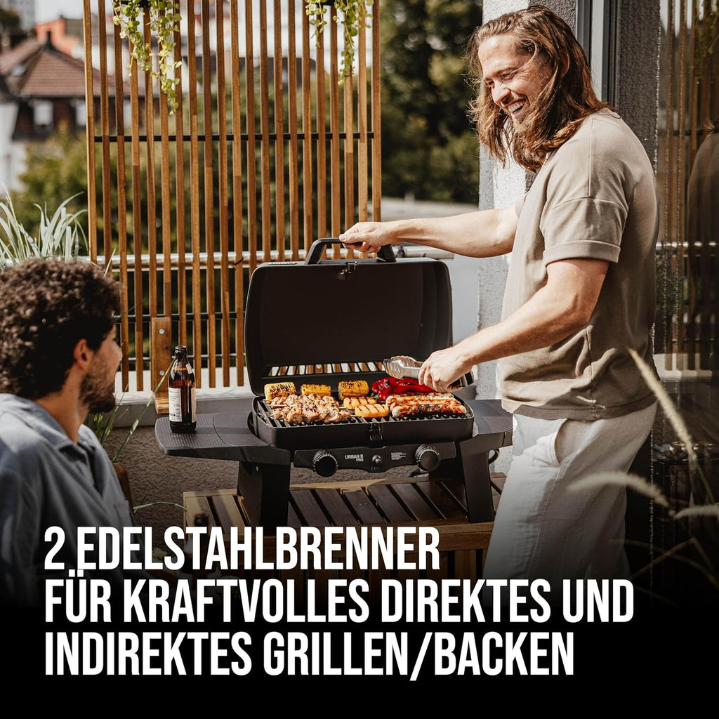 Enders Gasgrill Urban II Pro, barbecue da tavolo, funzione grill, cottura e forno, 2 bruciatori in acciaio inox, con termometro per grill, barbecue da balcone e campeggio, corpo in alluminio pressofuso, griglia in ghisa, #2062