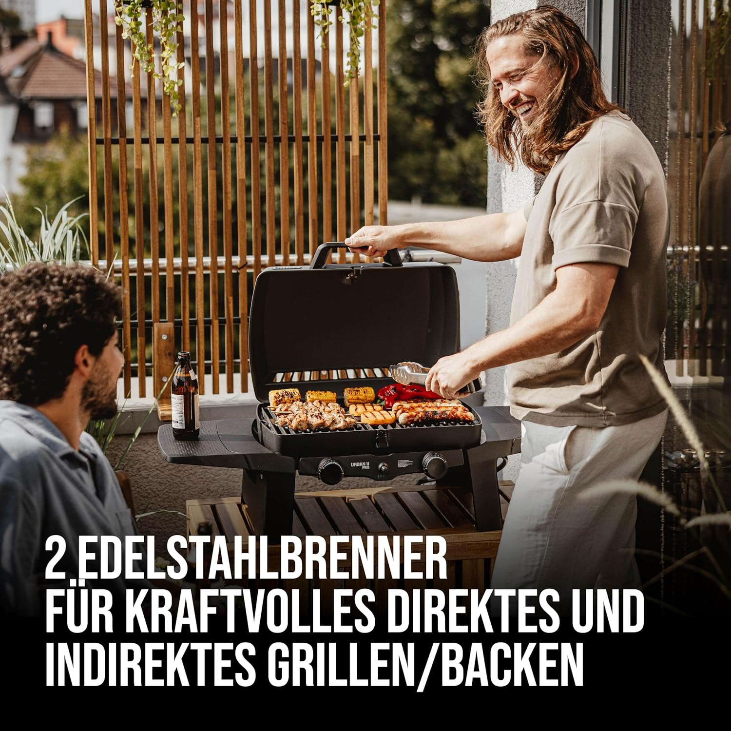 Enders Gasgrill Urban II Pro, barbecue da tavolo, funzione grill, cottura e forno, 2 bruciatori in acciaio inox, con termometro per grill, barbecue da balcone e campeggio, corpo in alluminio pressofuso, griglia in ghisa, #2062