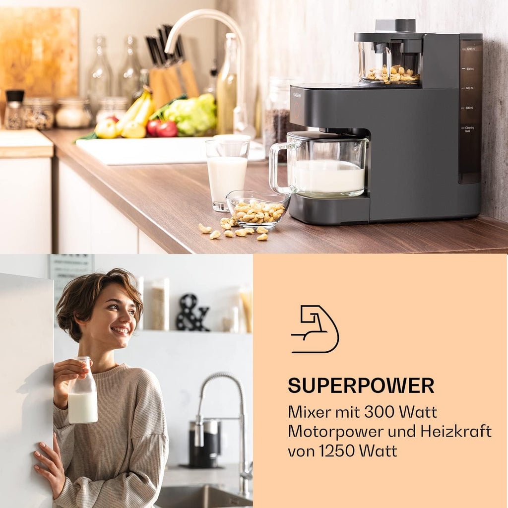 Klarstein Mixer, frullatore con motore da 300 W e potenza di riscaldamento da 1250 W, frullatore ad alte prestazioni per la preparazione di latte vegetale, frullatore per smoothie con tecnologia di riscaldamento a 360°, 30.000 giri/min, touchscreen, nero
