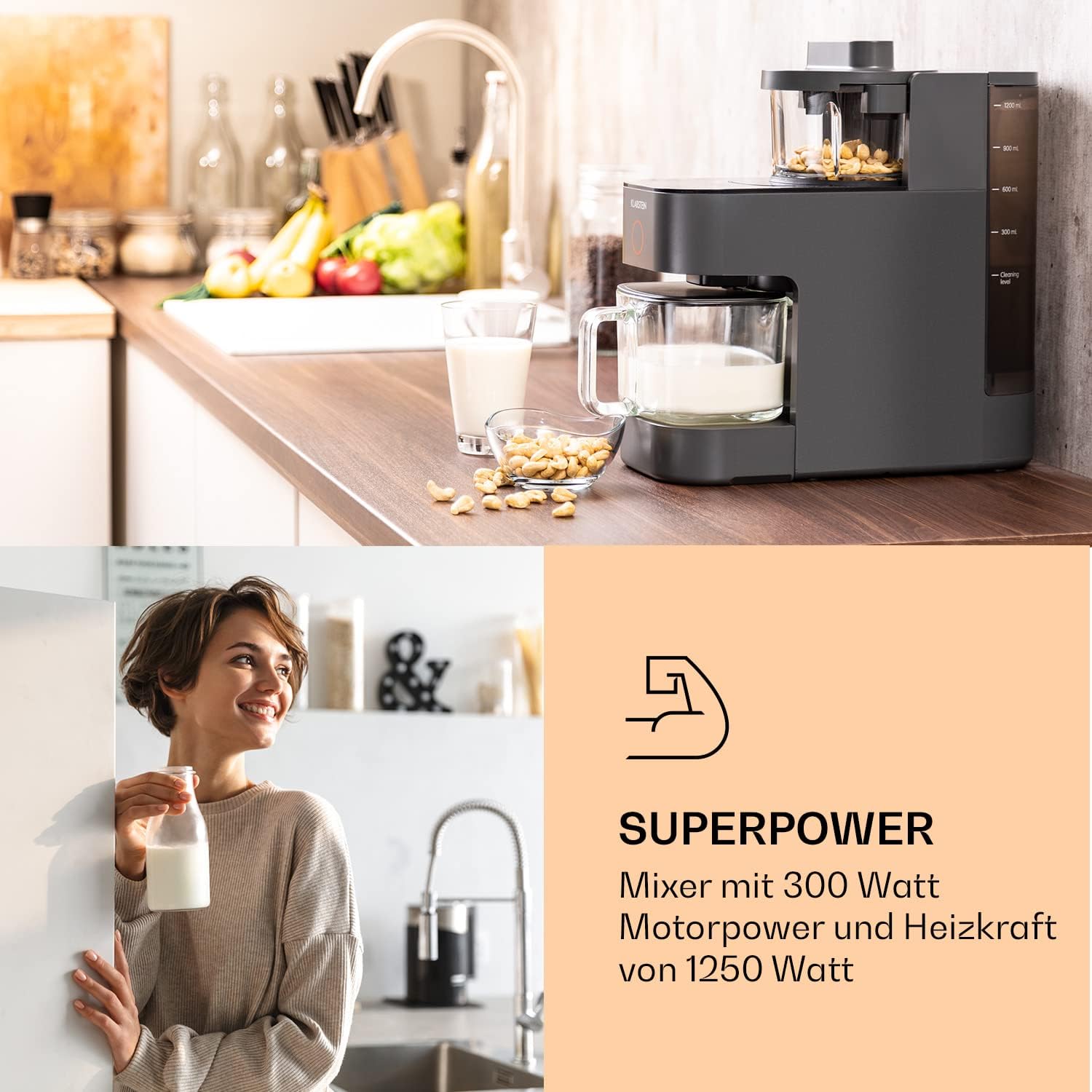 Klarstein Mixer, frullatore con motore da 300 W e potenza di riscaldamento da 1250 W, frullatore ad alte prestazioni per la preparazione di latte vegetale, frullatore per smoothie con tecnologia di riscaldamento a 360°, 30.000 giri/min, touchscreen, nero
