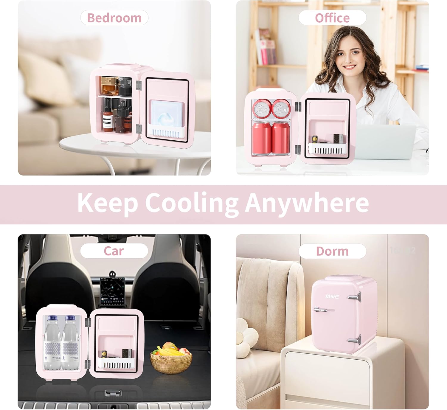 YASHE Mini Fridge, 4 Litre Mini Refrigerators for Cosmetics, Drinks, 220 V AC/12 V DC Thermoelectric Cooling and Heating, Small Fridge for Bedroom, Office, Dorm, Car (Pink)