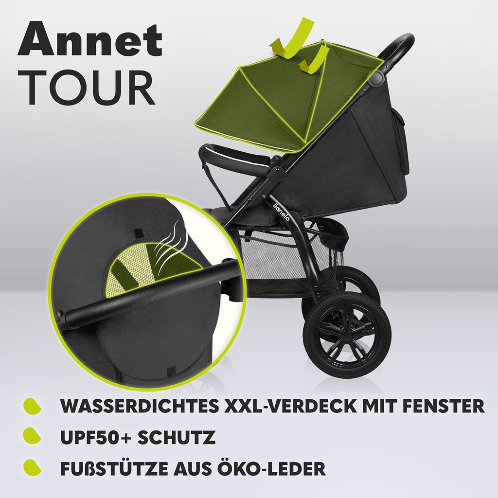 LIONELO Annet Tour Kinderwagen bis 22 kg, verstellbarer Griff, zusammenklappbar, verstellbare Rückenlehne bis zur Liegeposition, wartungsfreie Räder, XXL-Verdeck, 5-Punkt-Gurt, Einkaufskorb