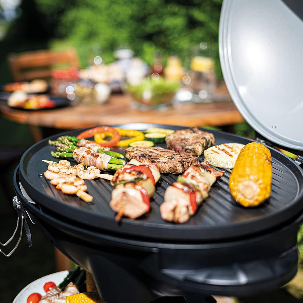 Cloer 6789 Barbecue-Grill, barbecue da esterno con termometro integrato, rivestimento antiaderente, 2400 Watt, superficie grill: 38,5 x 52,5 cm, riponibile in modo salvaspazio