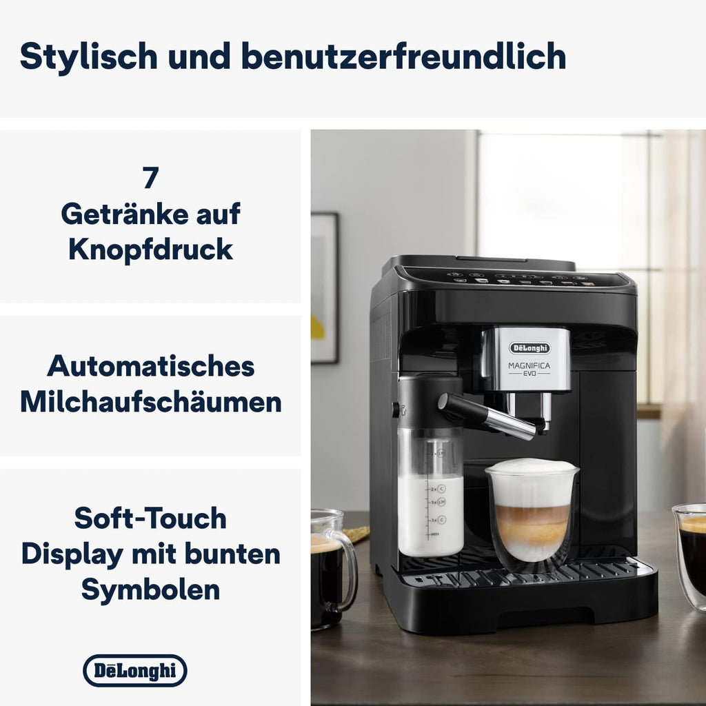 De'Longhi Magnifica Evo ECAM292.81.SB, macchina da caffè automatica con sistema latte, 7 tasti per selezione diretta di cappuccino, espresso e altre specialità di caffè, pannello di controllo, funzione 2 tazze, argento/nero