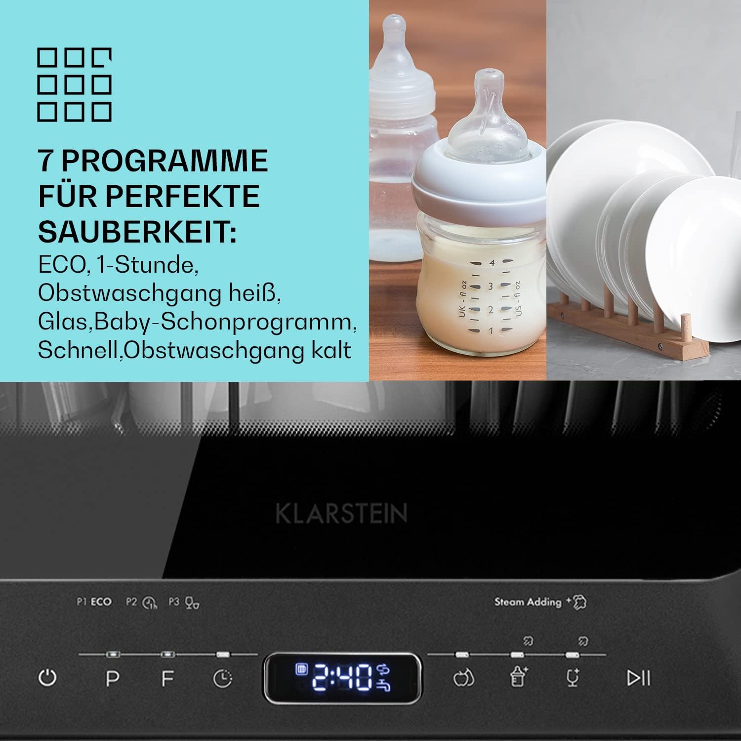 Klarstein ia Mini Lavastoviglie, lavastoviglie con spazio per 2 coperti, 6 programmi, richiede 5 litri d'acqua, display a LED, touch, lavastoviglie da tavolo incl. accessori, nero