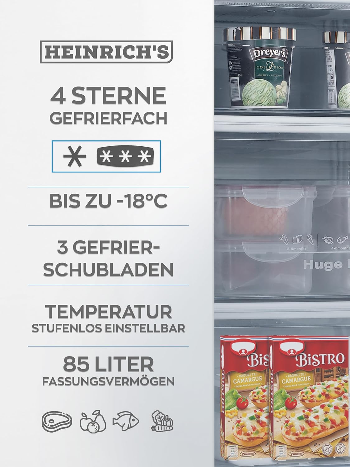 Congelatore Heinrich 61 litri -18°C, 3 cassetti congelatore, regolatore temperatura a 7 livelli, Airflow, porta reversibile, bianco