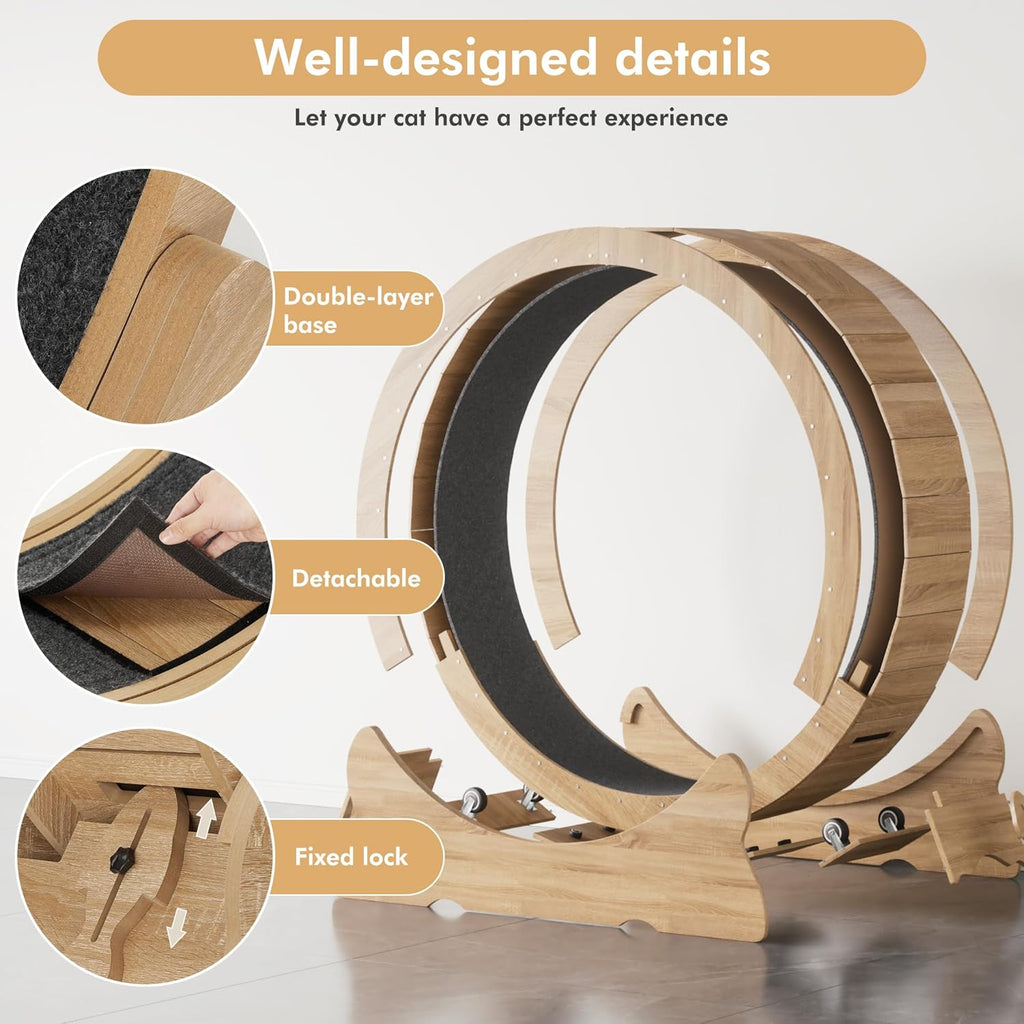 Mondeer Ruota per gatti da interno, tapis roulant da 110 cm con tappeto rimovibile, ruota da corsa in legno per gatti di taglia piccola, media e grande, attrezzo per fitness e perdita di peso, nero