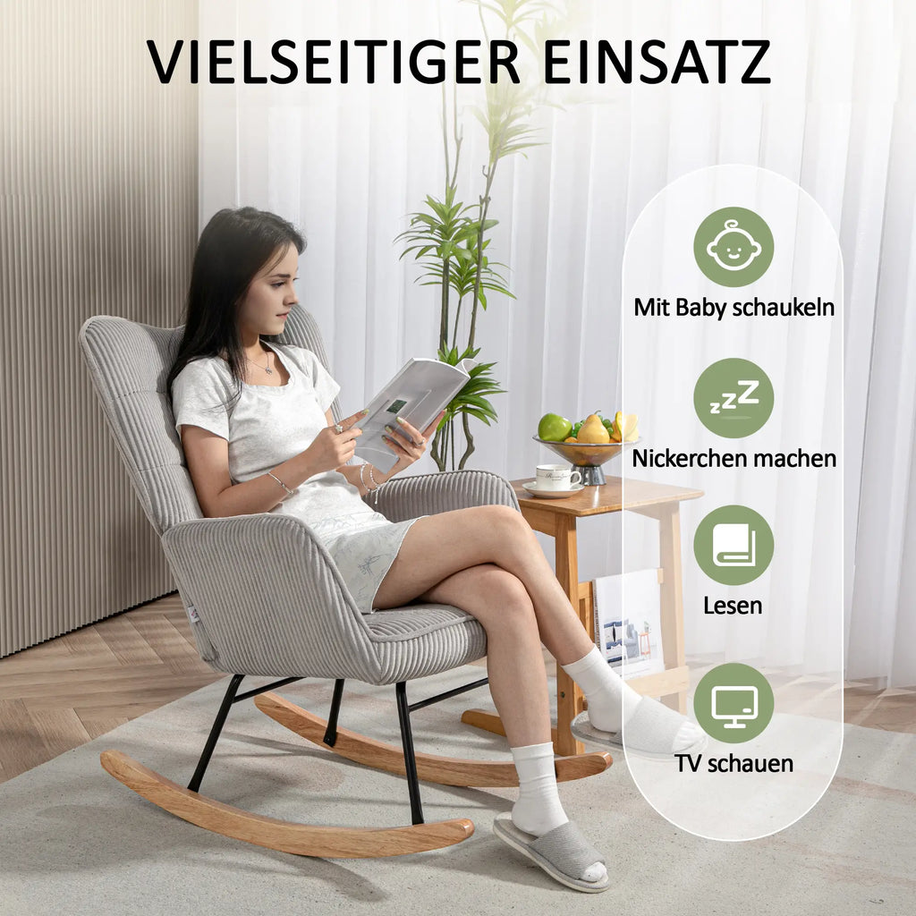 HOMCOM Schaukelstuhl Kordoptik Holzkufen Relaxsessel dunkelgrün