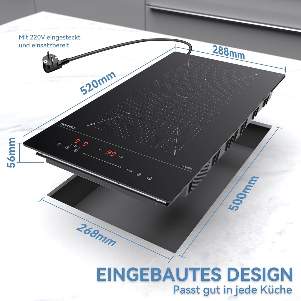 Induktionskochfeld 60cm, Eingebautes Schwarzes elektrisches Kochfeld, mit 4 Kochzonen, 9 Leistungsstufen, Geeignet für Eisen- und Edelstahltpf