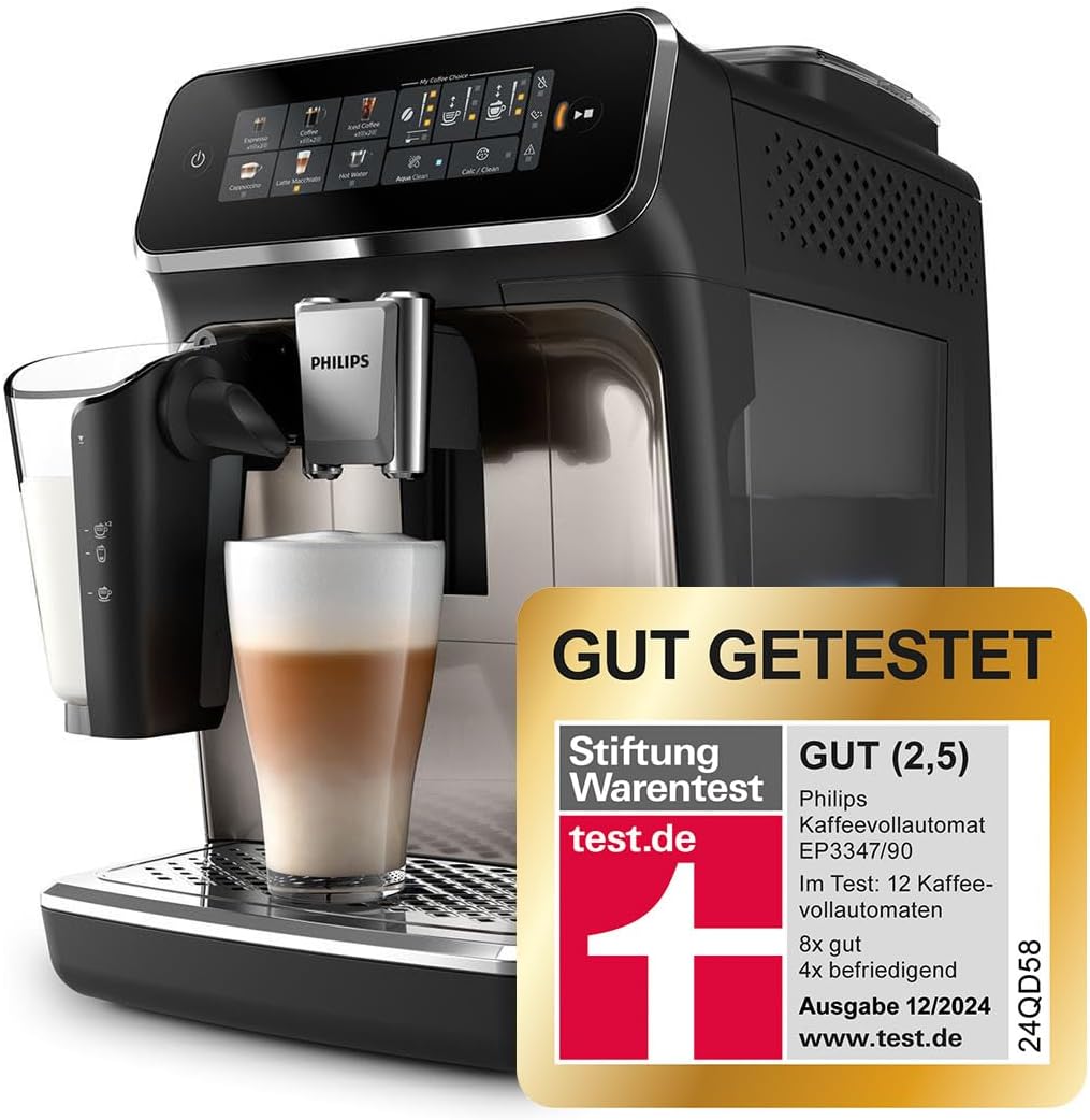 Macchina da caffè espresso automatica Philips Serie 2300 - 4 bevande, display touch a colori moderno, sistema del latte LatteGo, SilentBrew, macine in ceramica, filtro AquaClean. Cromata bianca (EP2333/40)