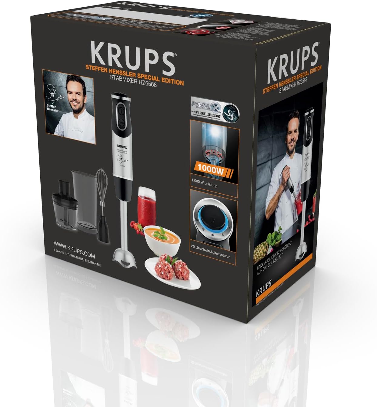 Krups KB403D Perfectmix + Hochleistungsstandmixer, 1.200W, 28.000 UpM, 2L Glasbehälter, 3 voreingestellte Programme, Powelix- Technologie, Edelstahl/Dunkelgrau
