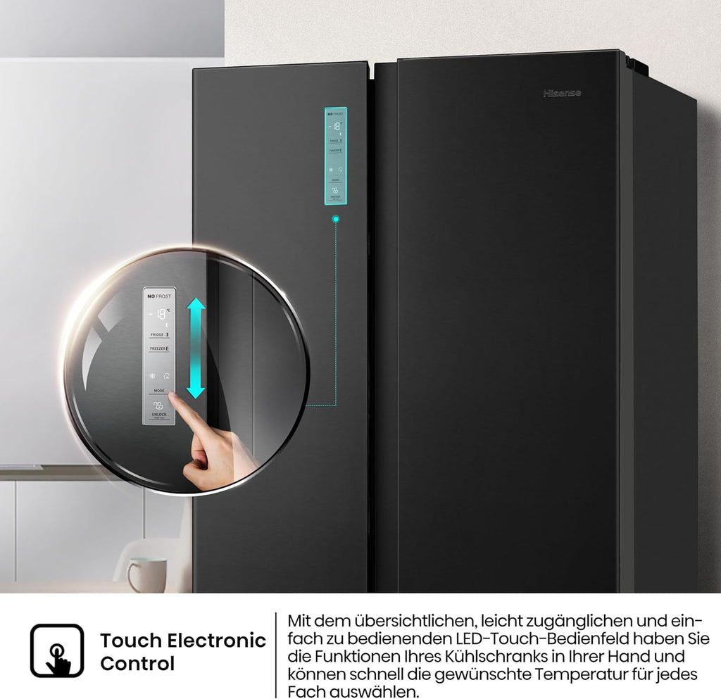 Hisense RS677N4BFD Frigorifero Americano Side by Side / Compressore Inverter / Porta Bottiglie / 2 FreshZone / Vano Verdure / Capacità Frigo 334 L / Capacità Congelatore 185 L / 41 dB / 247 kWh all'anno, Nero