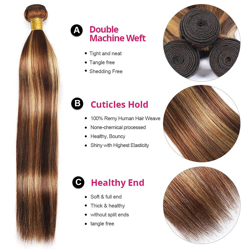 Fasci di capelli lisci brasiliani LavishBeauty con mèches P4-27 e frontal HD