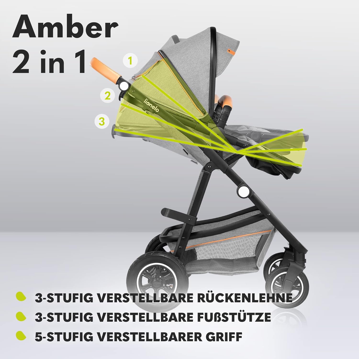 LIONELO Amber Kinderwagen 2 in 1 Kombikinderwagen, Kinderwagen Set mit sportlichen Sitz und fester Babywanne, Tasche, Moskitonetz, Abdeckung Regenblatt (Graphit)