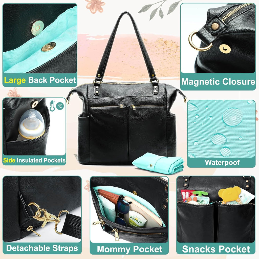 MOMINSIDE Wickeltasche, Tragetasche, Leder-Wickeltasche, Rucksack mit 14 Taschen für Mama, Papa, Suche nach der Baby-Wunschliste, große Reise-Babytasche für Jungen und Mädchen mit 4 isolierten