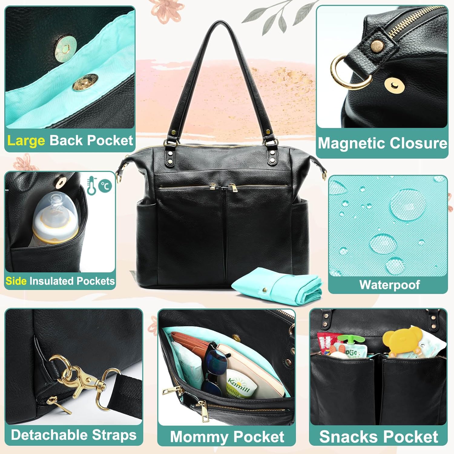MOMINSIDE Wickeltasche, Tragetasche, Leder-Wickeltasche, Rucksack mit 14 Taschen für Mama, Papa, Suche nach der Baby-Wunschliste, große Reise-Babytasche für Jungen und Mädchen mit 4 isolierten