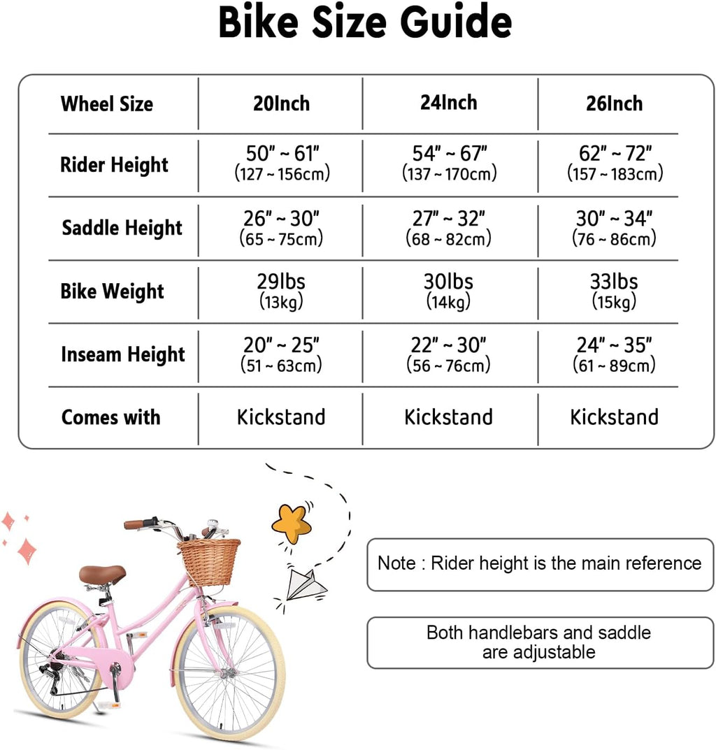 Glerc Missy 20 24 26 Zoll Mädchen City 6-Gang Hybrid Cruiser Fahrrad mit Weidenkorb für Jugend über 6-Jahre alt, mehrere Farben