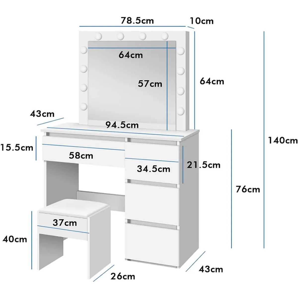 Lykke Schminktisch mit Licht Amelia 94cm, Wei