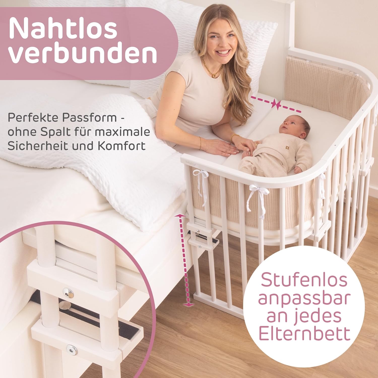 babybay Original Lettino da affiancare in massello di faggio / compatto e trasformabile / Lettino per bambini regolabile in altezza senza livelli preimpostati ed ecologico / Lettino evolutivo (laccato bianco) / inclusa Matratze