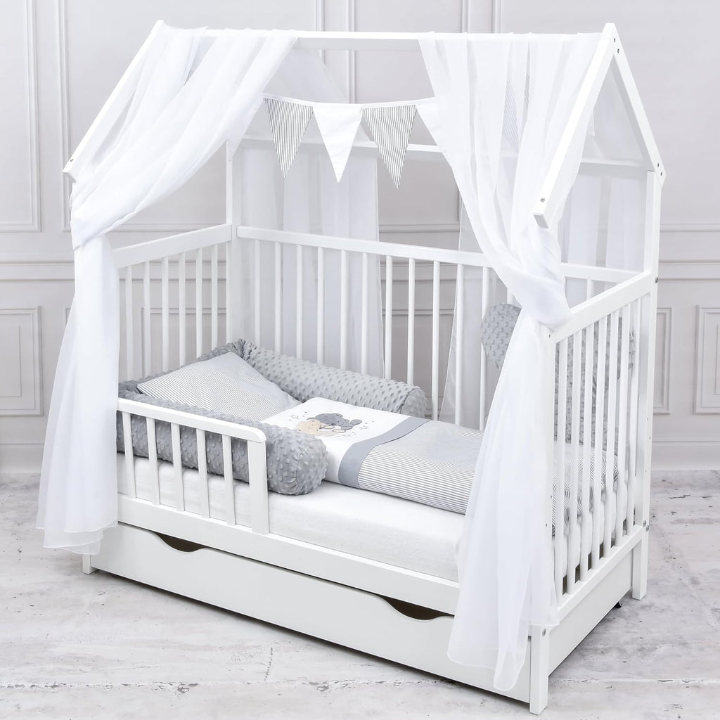 Baby Delux Lettino per Bambini Set Completo Casetta 60x120 cm Bianco con Cassetto Sponda Paracolpi Materasso Biancheria da Letto Set Decorativo (Stelle del Principe)