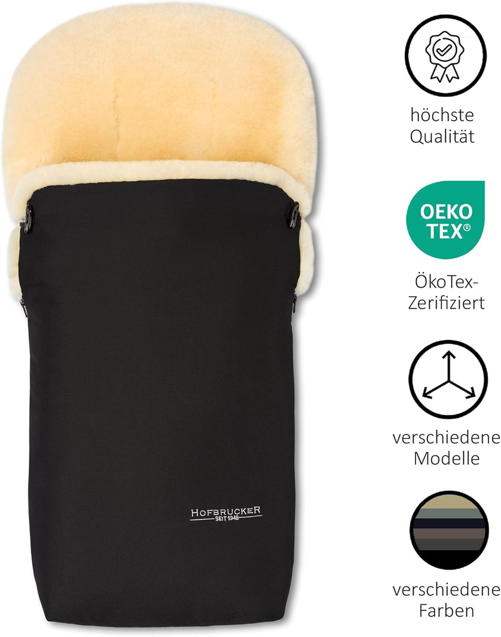 Sacco coprigambe in pelle di agnello Hofbrucker "Putzi" per passeggino, carrozzina/sacco coprigambe invernale antivento e idrorepellente/sacco coprigambe caldo con parte superiore rimovibile/vera pelle di agnello/Made in Germany