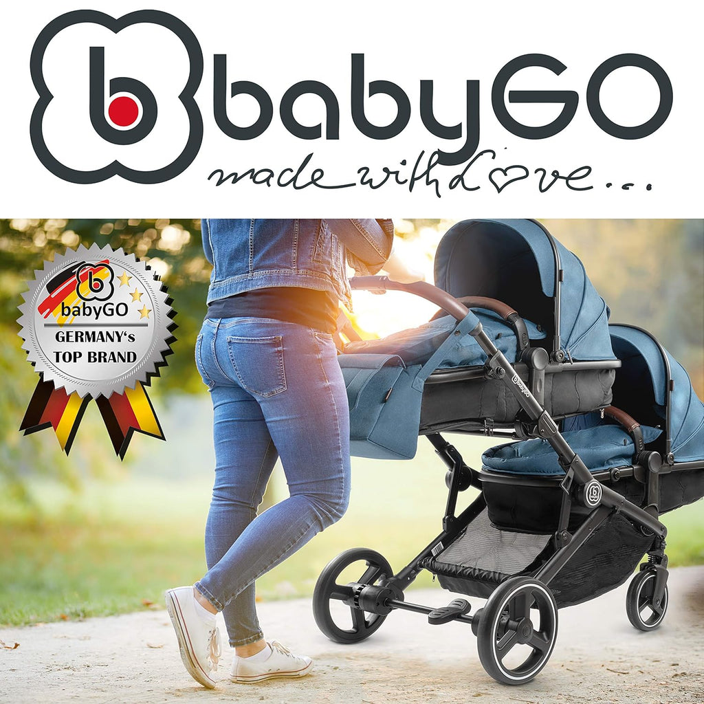 babyGO Passeggino 3 in 1 per gemelli - Passeggino fratellare/Passeggino per fratelli per neonati - Passeggino gemellare/Passeggino per 2 bambini con molti accessori (Blu Melange-senza ovetto)