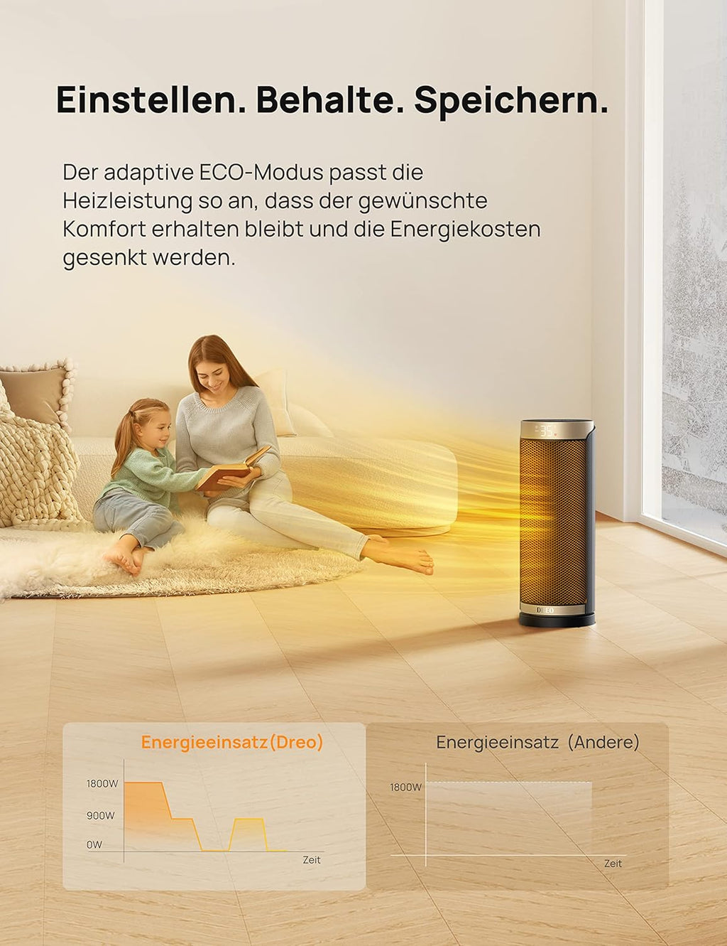 Dreo Heizlüfter Energiesparend, PTC Keramik Heizlüfte Leise, 70° Oszillierend Elektroheizung mit Fernbedienung, 12-Std-Timer, 3 Modus 3 Geschwindigkeit, berhitzungs-Kippschutz, Solaris Slim H3
