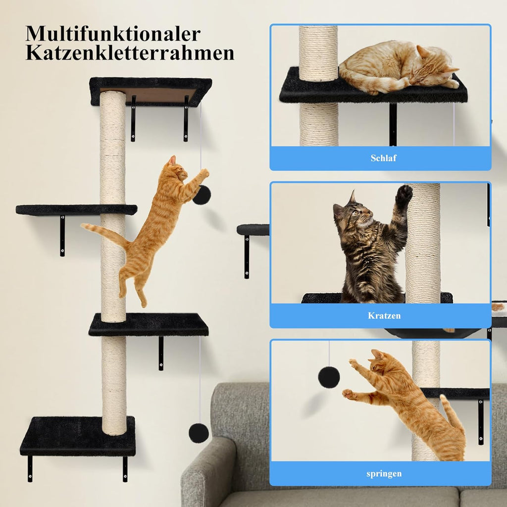 Zvonema Kletterwand 10-teilig-Katzenhängematte,Hängebrücke mit Rutschfestem Sisal,Kratzsäulen mit Sisal,Ruhe und Spielwandregal mit Spurenkugel,Kletterwand für Katzen bis 10 kg