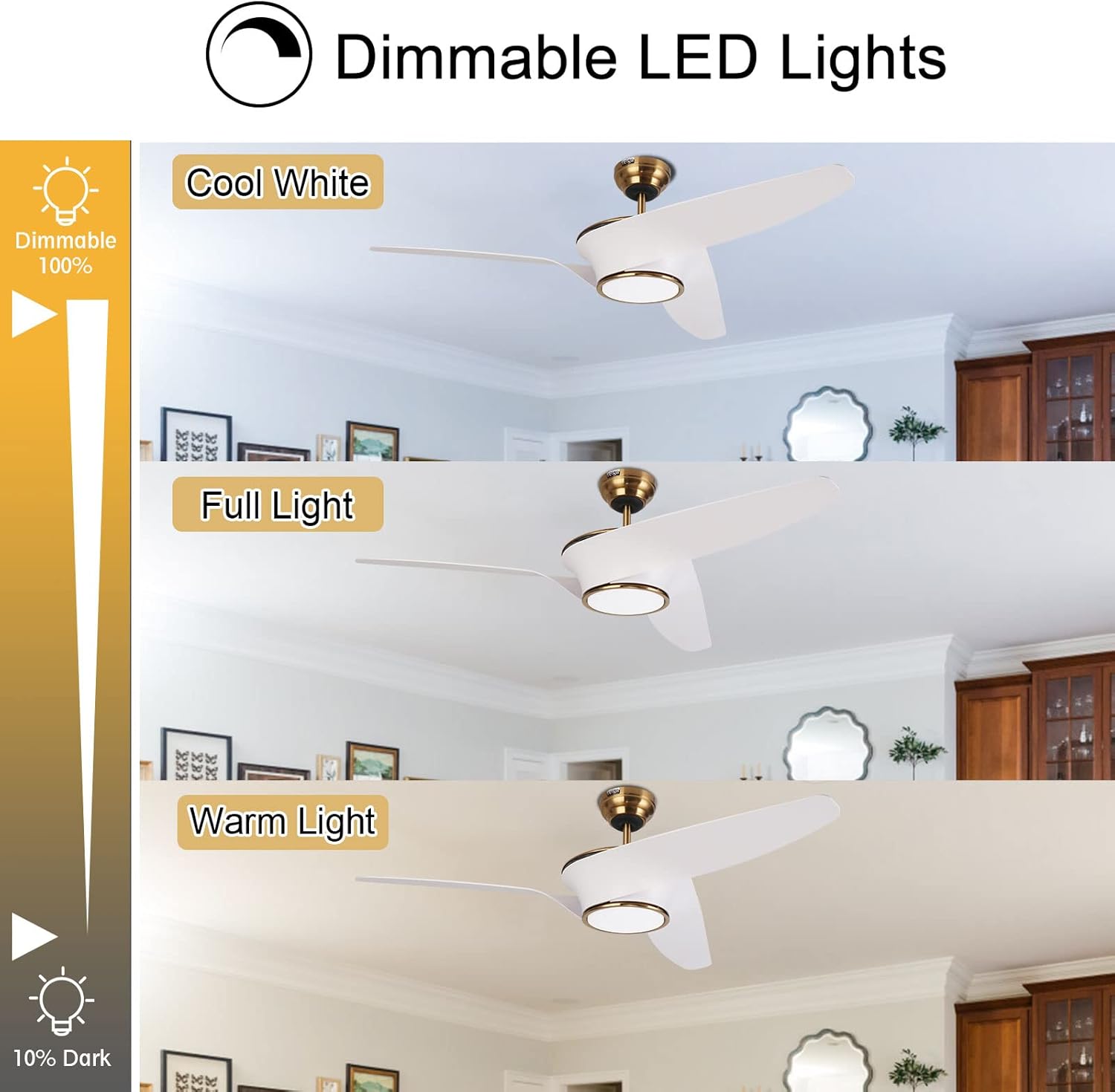 reiga Ventilatore da soffitto WiFi 132 CM con illuminazione a LED dimmerabile e telecomando, 3 temperature di colore, motore DC 6 velocità, compatibile con l'App Alexa Google Home, legno e marrone