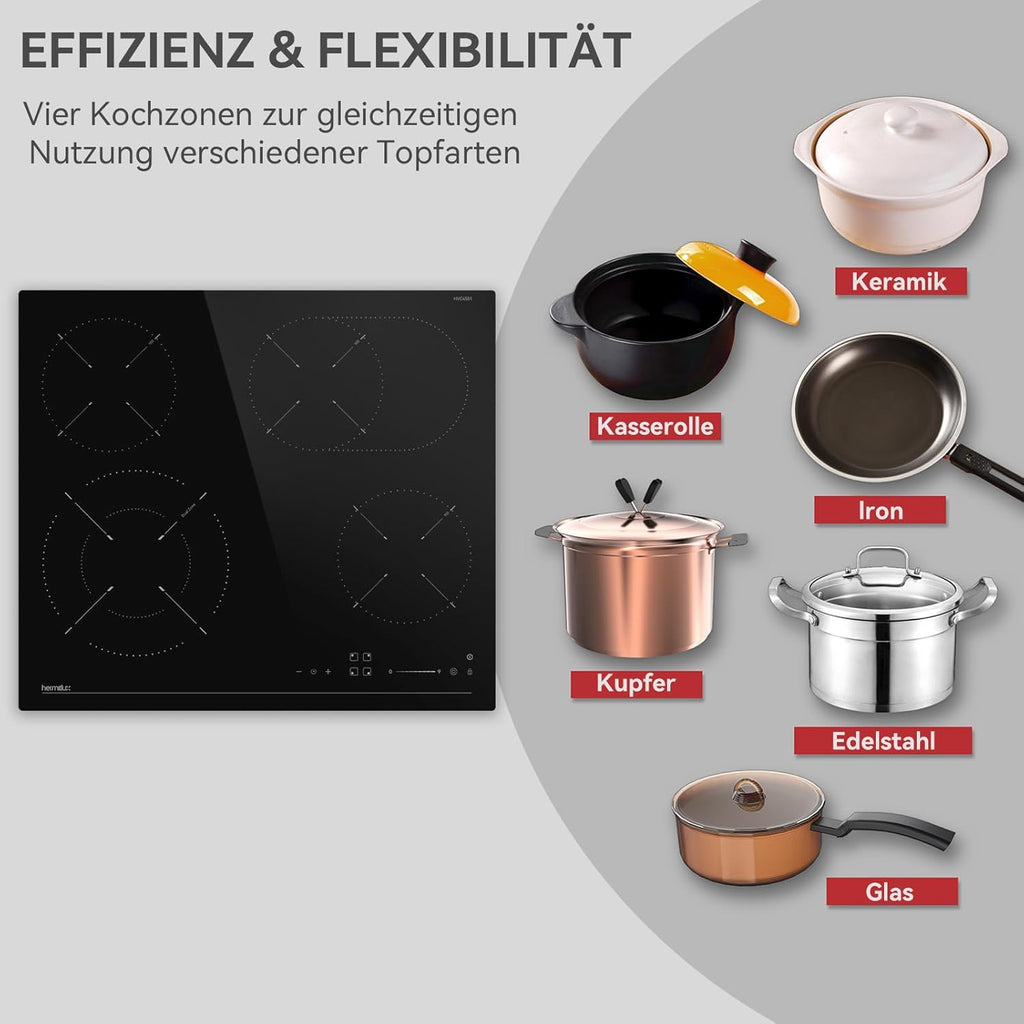 Hermitlux Domino Glaskeramikkochfeld,Eingebaut 29 cm schwarz Glaskeramik elektrisches Kochfeld,9 Leistungsstufen,Sensor-Touch-Steuerung, Kindersicherung, 1-99 Minuten-Timer,Geeignet für Alle Tpfe