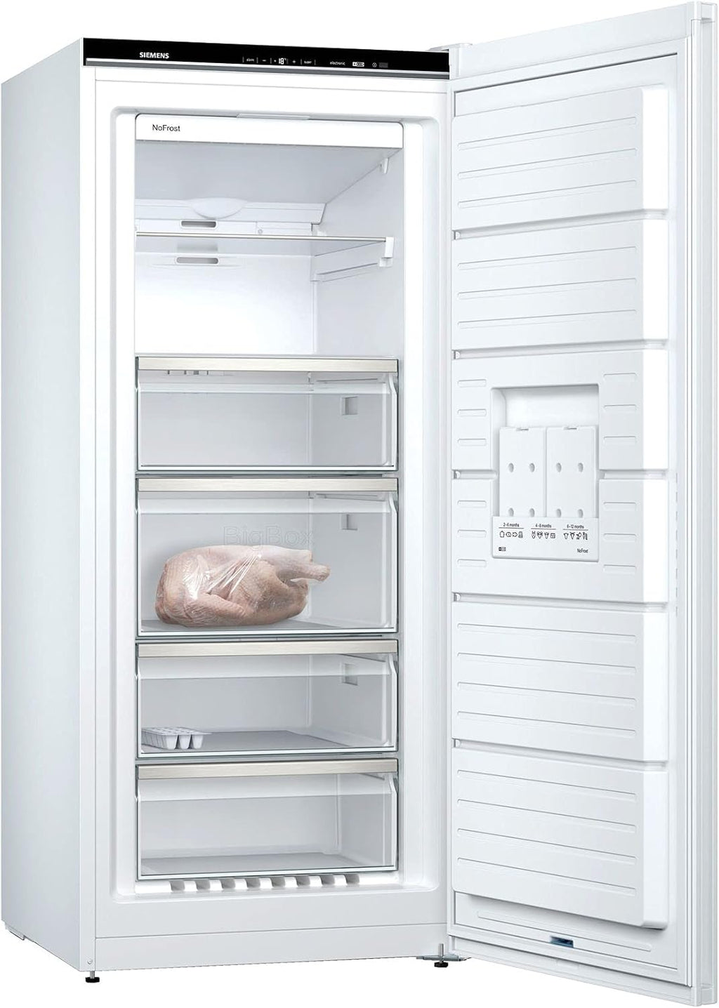 Siemens GS54NAWCV iQ500 Congelatore verticale, 176 x 70 cm, 327 L, NoFrost mai più sbrinamento, bigBox spazio per alimenti di grandi dimensioni, varioZone ripiani e cassetti flessibili in vetro, Bianco