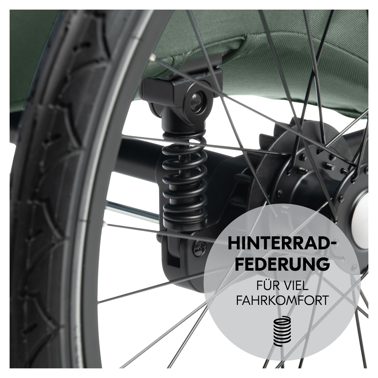 hauck Rimorchio Bici & Passeggino Dryk Duo Plus con Sospensioni, per 2 Bambini (6-48 mesi), incl. Timone, Ruota da Passeggino, Bandierina e Luce LED, Pieghevole, Regolabile in Altezza, Baule XL (Verde Scuro)